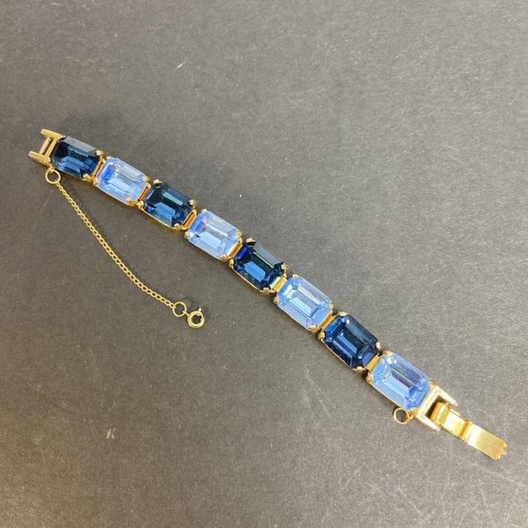 Zentall Crystal Bracelet Large Blue Stone Gold Tone Fold Over Clasp Safety Latch - Picture 1 of 15